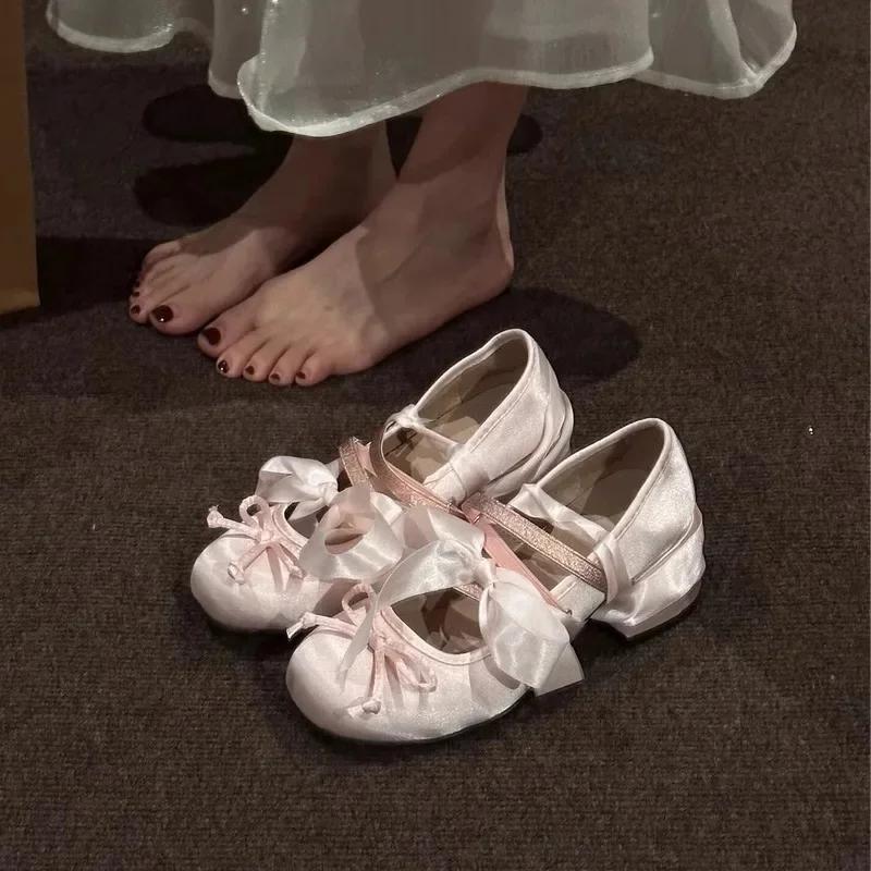 

Fashion Women s Pink Ballet Mary Jane Shoes with Bow Knot Thick Heel Round Head Soft Shoes for Evening Wear 40