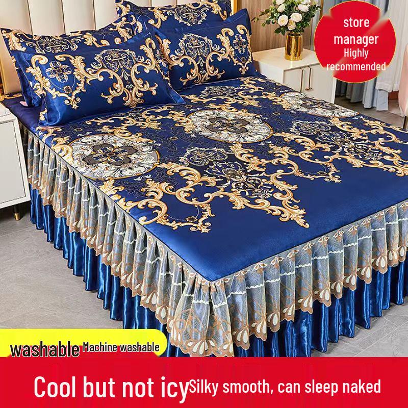 Ice Silk Lace Bed Skirt & Cool Mat Set - Breathable Rattan Design