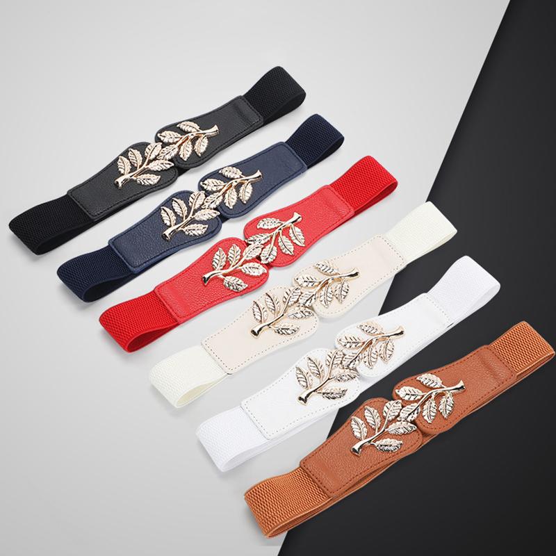 Women'S Elastic Slimming Belt  Retro Metal Leaf Leather Waist Sealing