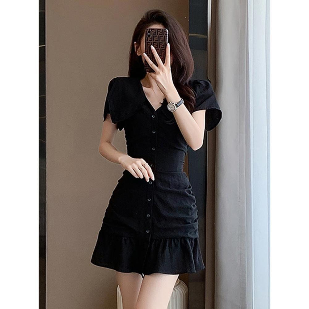 Retro Unpicky Little Black Dress Temperament Ruffle Edge Slim and Thin Dress Short Skirt