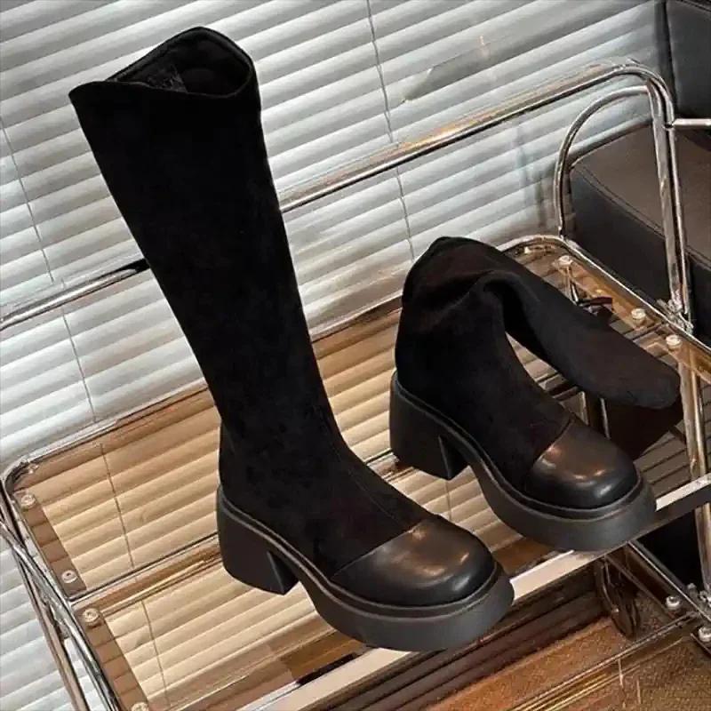 Fashion Thick Heel Women Knee High Boots Fashion Square Toe Shoes Winter Laides Concise Knight Long