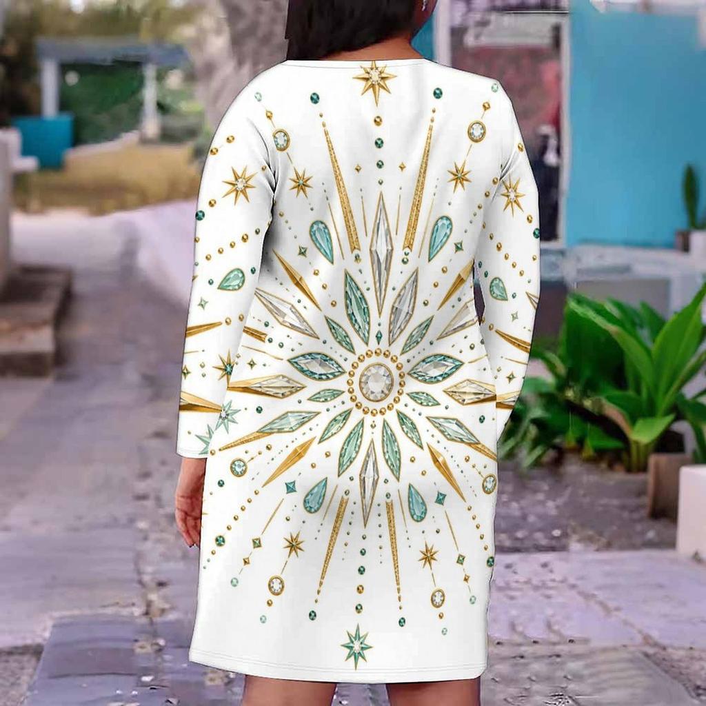 Women s Plus Size V Neck Long Sleeve Printed White Beige Fitted Midi Dress