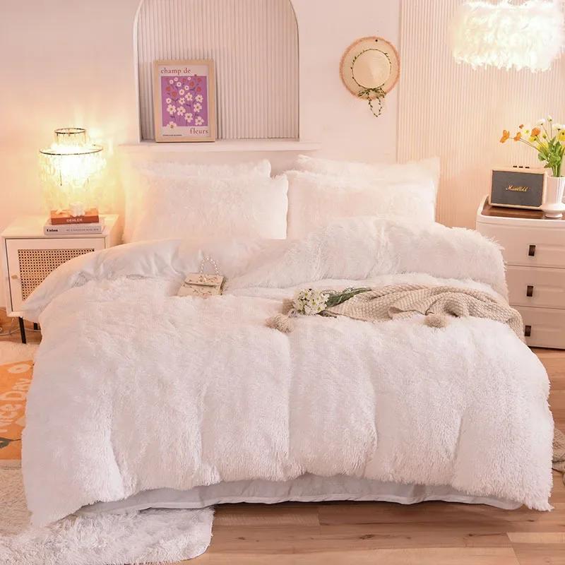 3/4PCS Winter Warm Plush Duvet Cover Pink Mink Velve+fluffy Flannel Quilt Cover Queen King Size Luxury Double Bed Bedding Set