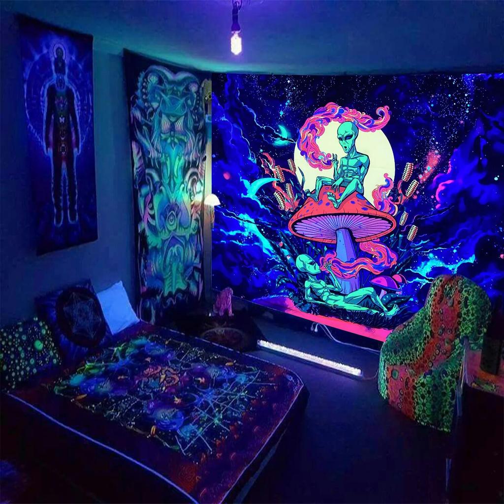 Hug Skull Fluorescent Black Light Tapestry Aesthetic Wall Hanging Hippie  for Bedroom Independent Room Decoration