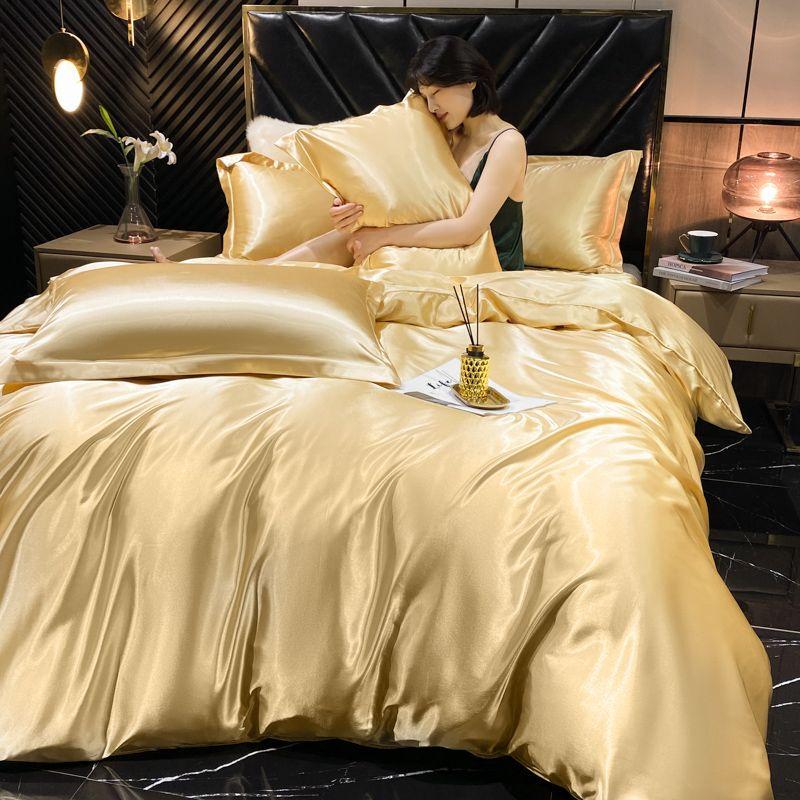 Solid Rayon Silk Bedding Set with Duvet Cover Bed Sheet Pillowcases Luxury King Single Double Couple Satin Pillow Case Bedsheet