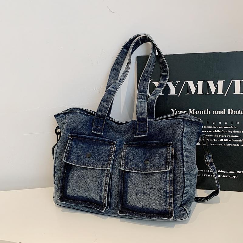 Denim Tote Bag for Women – Vintage Bag with Front Pockets & Adjustable Shoulder Strap – Perfect for Casual & Daily Use