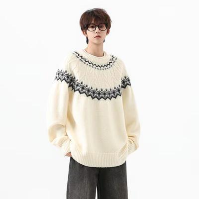 Retro Fair Isle Men's Sweater: Vintage American Style, Loose Fit, Round Neck for Autumn and Winter.