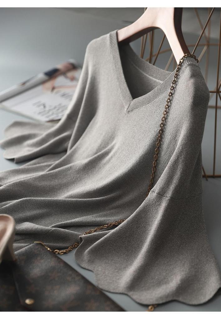 Ruffled Summer Knit for Short Large Loose Stylish [YOMORIO] Women, Knit, Sleeve, Size, Fit, T-Shirt, Knit, V-Neck, Plain, Thin, Breathable, Spring,