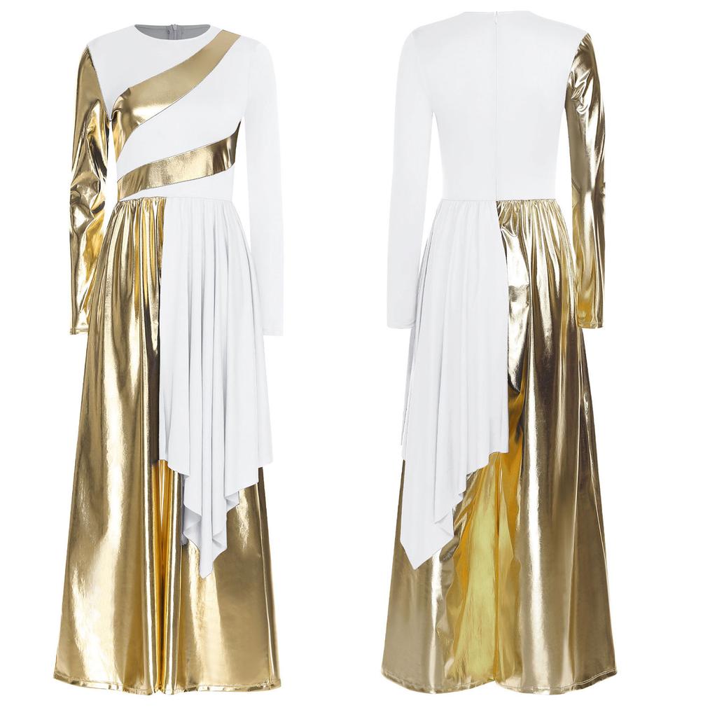 S-3XL Versatile Praise Dance Wear: Eye-Catching Metallic Patchwork Jumpsuit Featuring an Artistic Irregular Drape Design