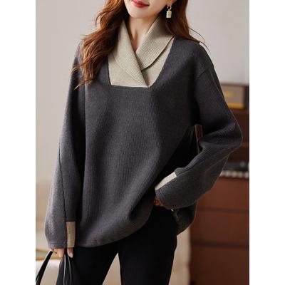 Autumn New Plus Size Women Sweaters Knitting Tops Tees Fashion Fake Two-Piece Loose Sweater