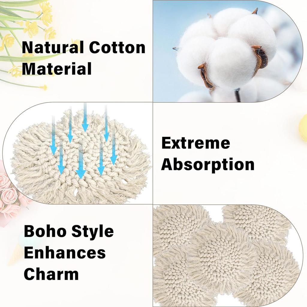 2 Pcs Handmade Coasters with Tassels for Drinks Absorbent Boho Coasters Set White Cotton Coaster for Mugs Cups, Housewarming Present Tabletop