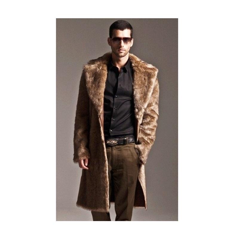 Men Two Tone Faux Fur Long Coat Open Front Fluffy Warm Winter Luxury Plush Overcoat With Pockets