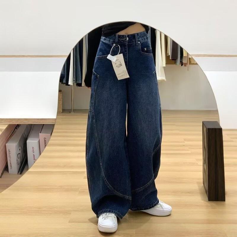 Women s Retro Curved Blade Wide Leg Jeans - Dark Blue Small