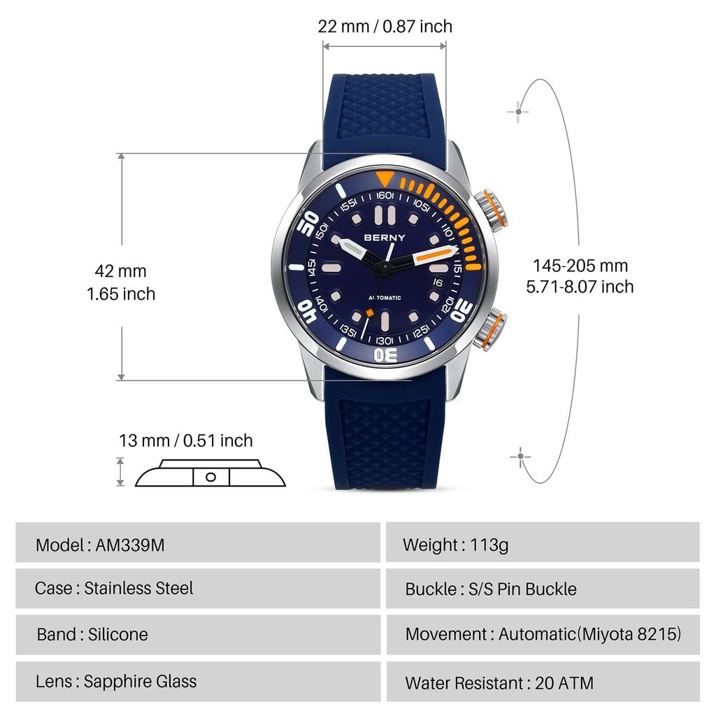 BERNY Mechanical Automatic Diving Watch 20 ATM Water Sapphire Comfortable Silicone Automatic Manual Winding Men's Watch, Resistance, Crystal, Band,