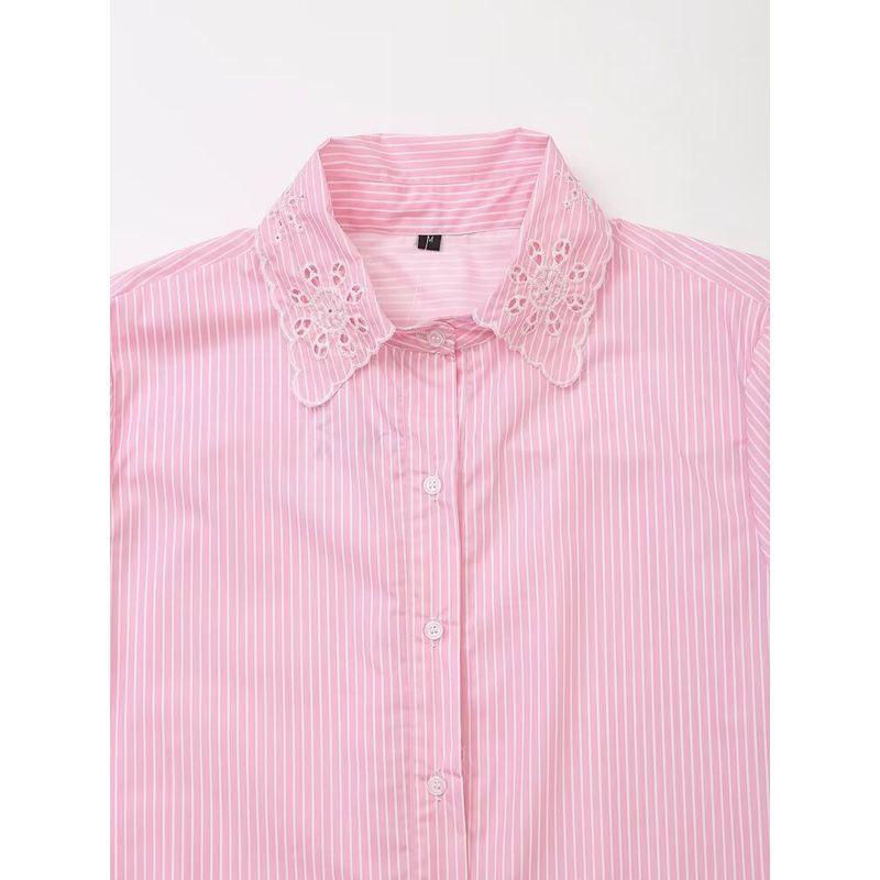 Kaslead New Arrival Women's Fashion Style Fashion Hollowed-out Embroider Stripes Shirt Pink 3564163
