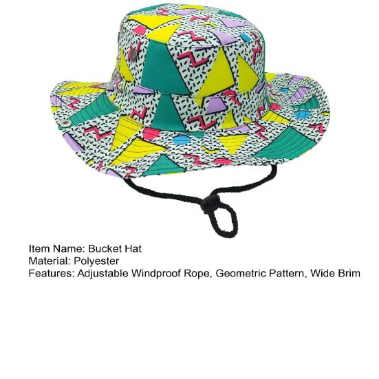 Bucket Hat Large Brim Colorful Geometric Pattern Fisherman Hat Secure Windproof Rope Portable Foldable Sun Protection Hat