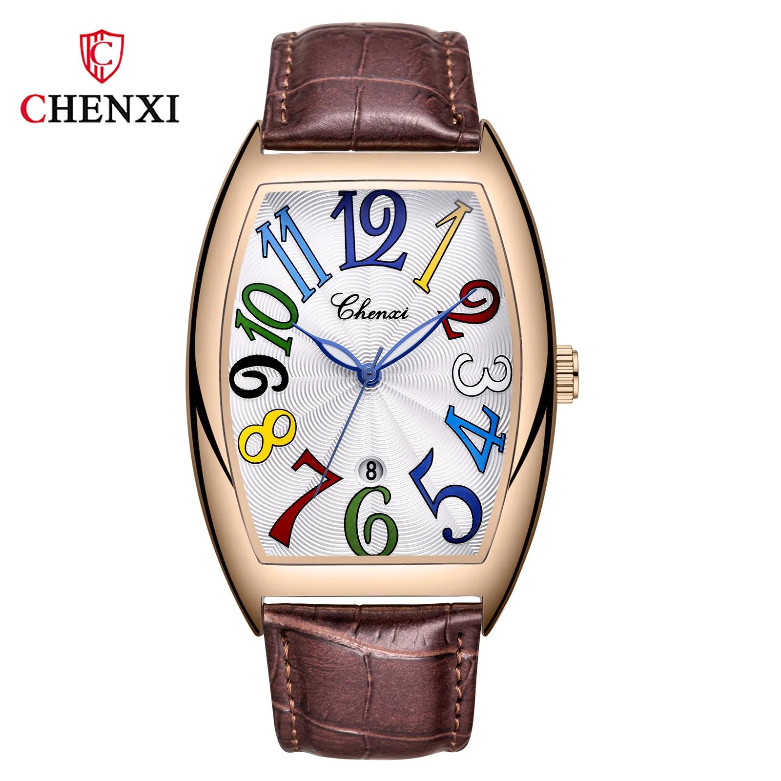 CHENXI 8217 for Men Business Calendar Roman Digital Watch Brown Genuine Leather Waterproof Quartz Watches Mens Bracelet Reloj CHENXI 8217