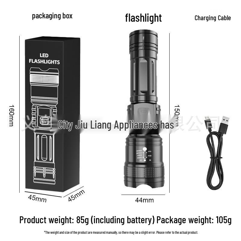 White Laser Flashlight with Telescopic Focus, LCD Display, Long Range, Rechargeable Battery, and Emergency Features