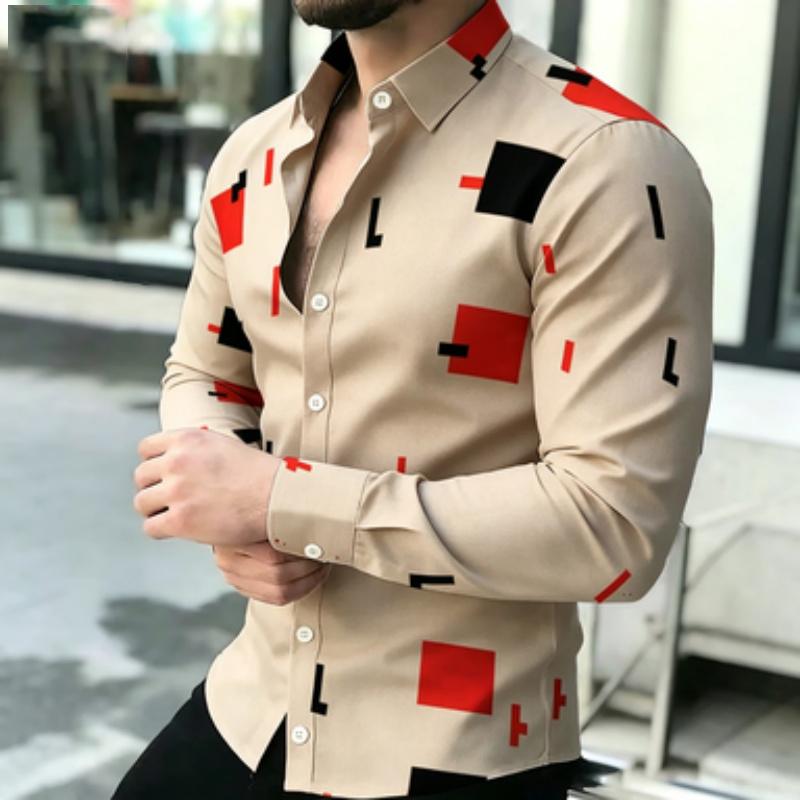 Men's Short Sleeved Shirt, European and American Men's Geometric Square Long Sleeved Shirt, Lapel Contrasting Color Block Printe