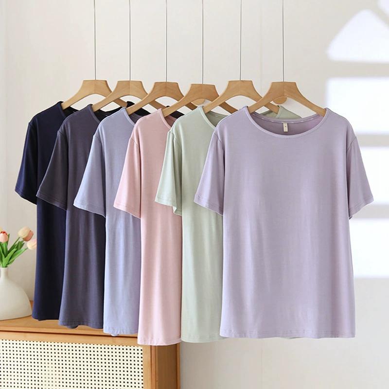 Women O-neck T-shirt with Built-in Bra Casual Solid Color Short Sleeve Top