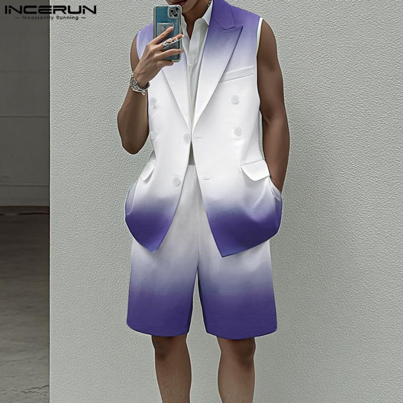 INCERUN Two Pieces Men Sleeveless Gradient Thin Waistcoat and Loose Shorts Outfits Sets