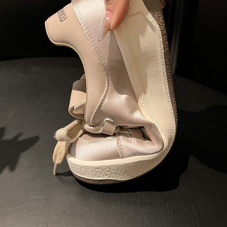 Lightning hair~ 2025 spring satin lace-up casual shoes 4.5cm thick baseplate shoes round head lace-up white shoes