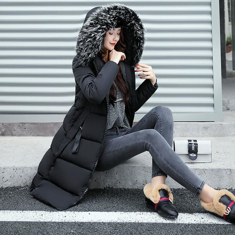 Women's Down Parkas Winter Jacket Big Fur Collar Thick Slim Coat Fashion Hooded Cotton Outerwear Long Winter Women Coat