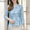 ZANZEA Women Casual 3/4 Sleeve Hollow Lace Patchwork Blouse