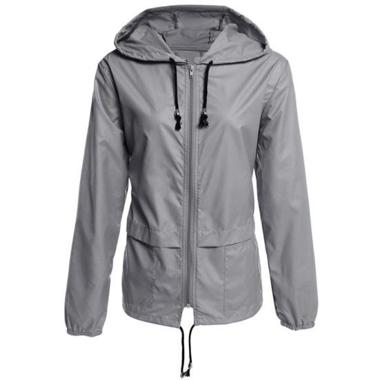 

Women Outdoor Camping Thin Waterproof Zip Up Hooded Jacket Solid Color Raincoat XXL серый