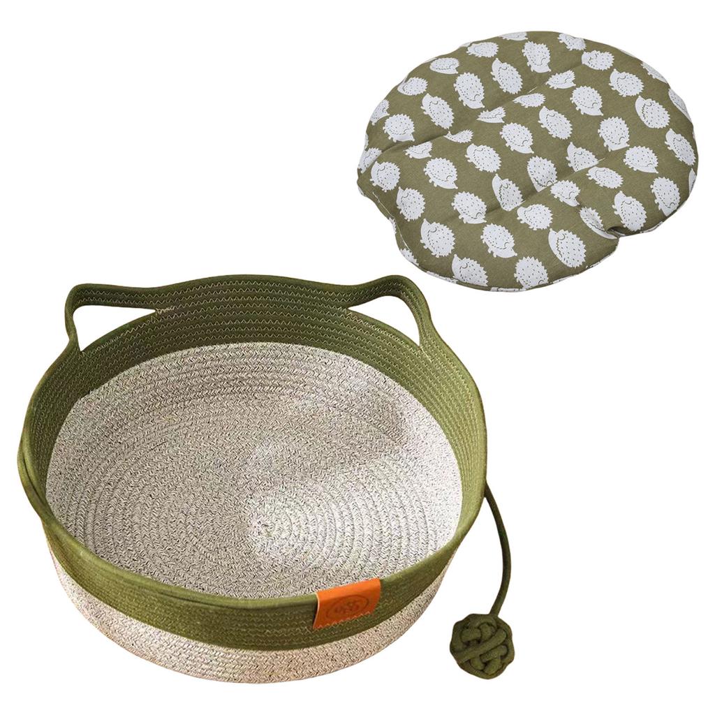 Round Handwoven Cotton Rope Cat Bed With Removable Cat Ear Handles Breathable Pet Nest For Indoor Cats