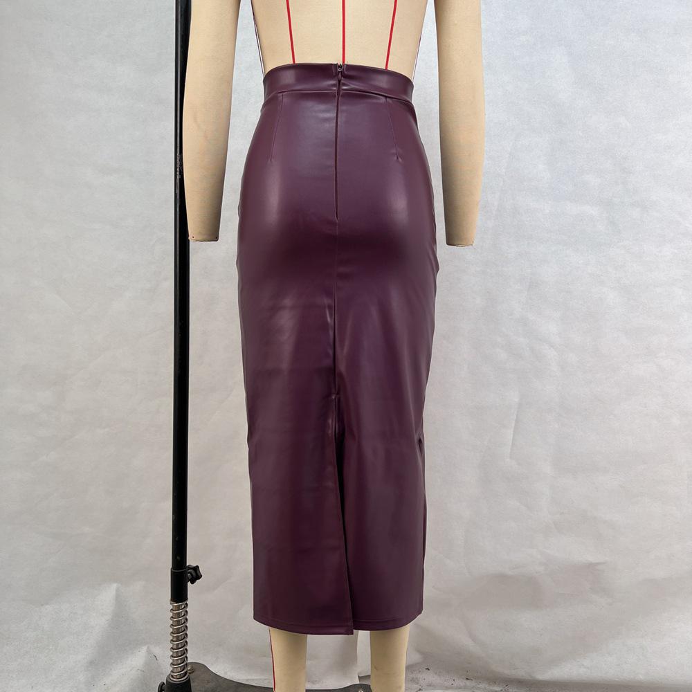 2025 Autumn High-Waisted Slimming Leather Bodycon Midi Skirt with Slit