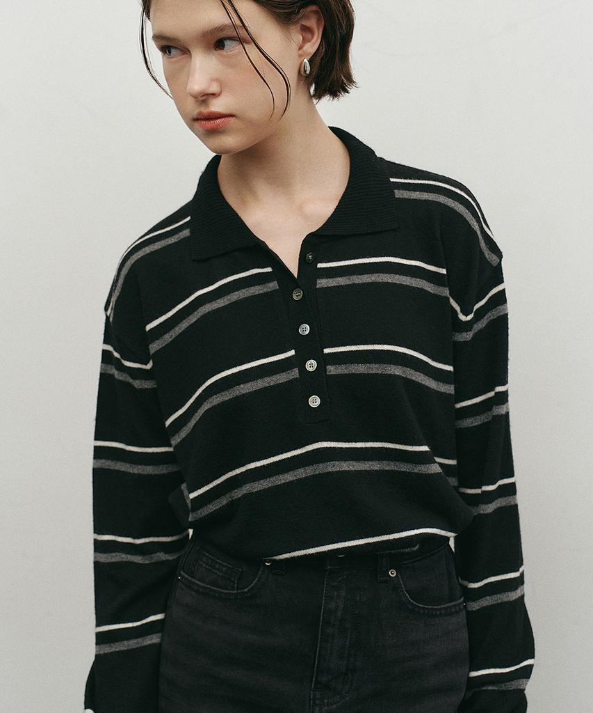 MAKE A TOAST Striped Collar Knit Black Mbefnt003Bk