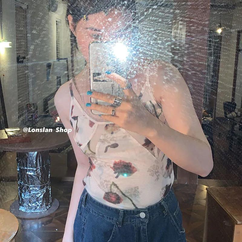 Γυναικείο Μπλουζάκι Camisole με Φλοράλ Σχέδιο Διάφανο Διχτυωτό Αμάνικο Crop Top Y2K Αισθητική