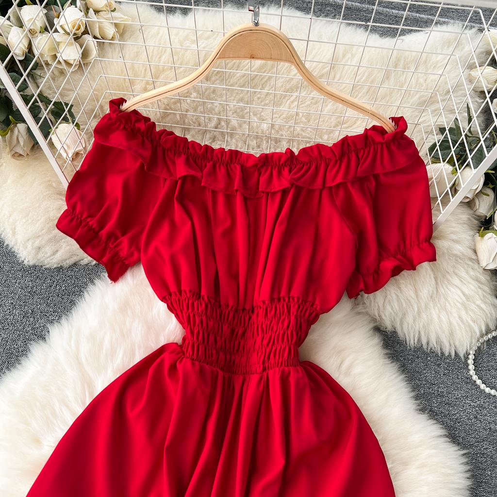 Vintage Elegante Slash Neck Kurzarm Kleid A-linie Mode Chiffon Frühling Herbst Frauen Kleider