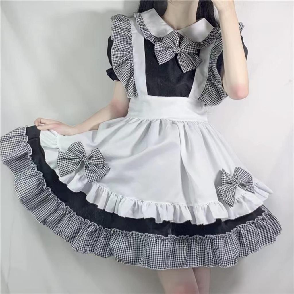 Maid Gothic Lolita Check Plus 2XL [FULINE] Costume, Cosplay, Cross-Dressing, Cute, Dress, Black, Size,