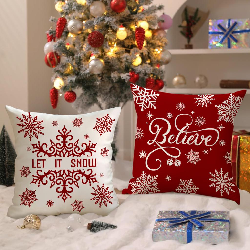 1/4 Pcs Red Christmas Pillowcase Snowflake Christmas Ball Pendant Pattern Cushion Cover Winter Holiday Home Decoration