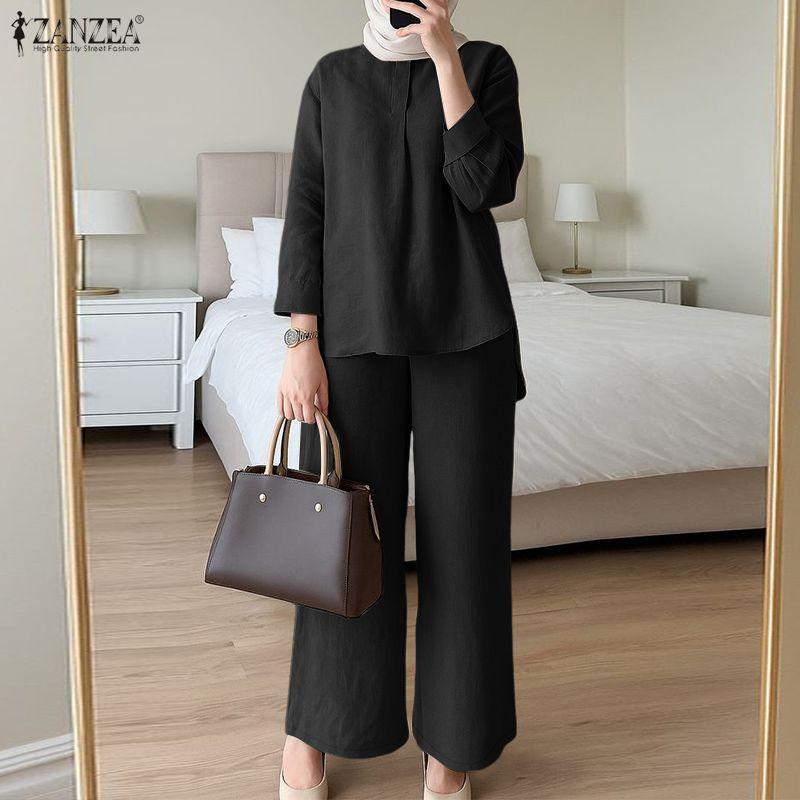 ZANZEA Women Long Sleeve Blouse and Pants Muslim Casual Two Piece Suit Sets