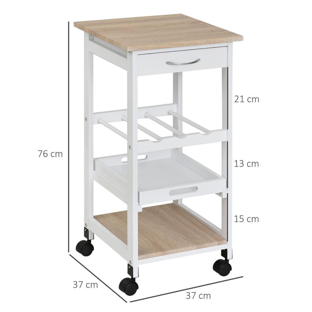 Carrello da portata Carrello da cucina su ruote 2 ripiani + Vassoio rimovibile + Cassetto Legno di pino Bianco Rovere chiaro