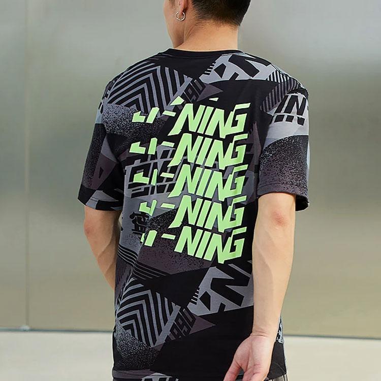 Li-Ning Cotton Round Neck T-Shirt With Allover Letter Print Men Tops Black AHSS119-3