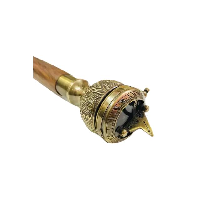 

Vintage Antique Brass Compass Sundial On Top Vintage 3 fold Wooden Walking Stick