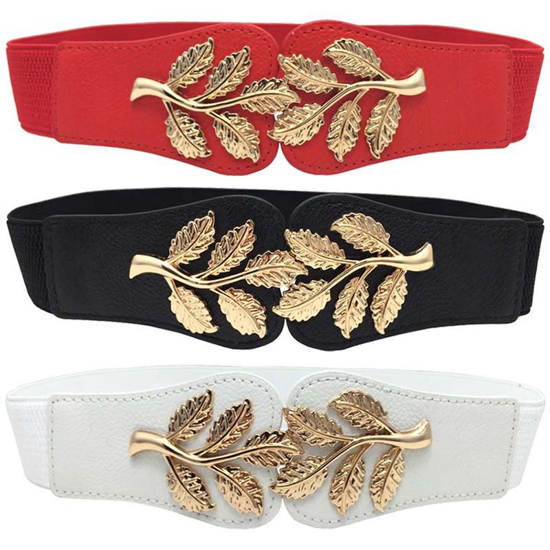 Women'S Elastic Slimming Belt  Retro Metal Leaf Leather Waist Sealing