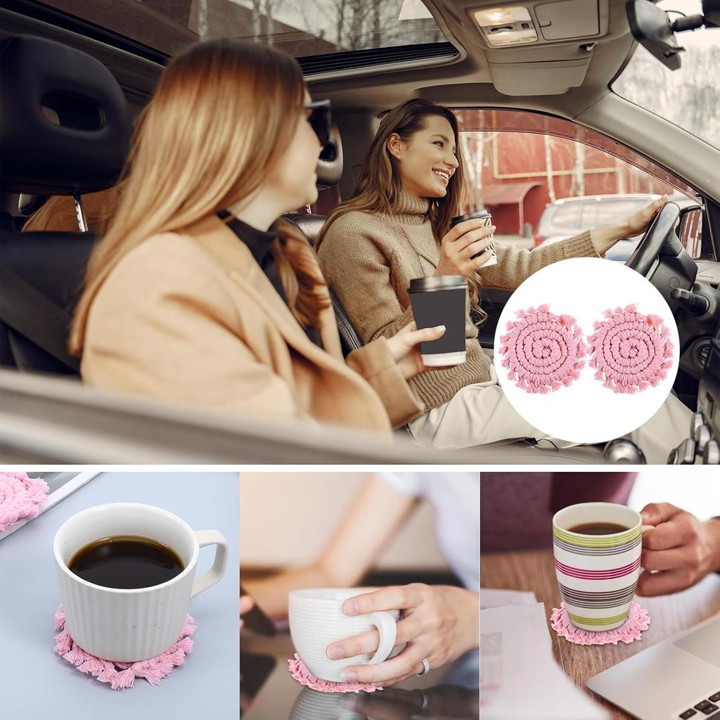 2 Pack Handmade Boho Drink Coaster Holder Cotton Knitted Car Coasters for Cup Holders Universal Auto Macrame Non-Slip Cup Holder Removable Car