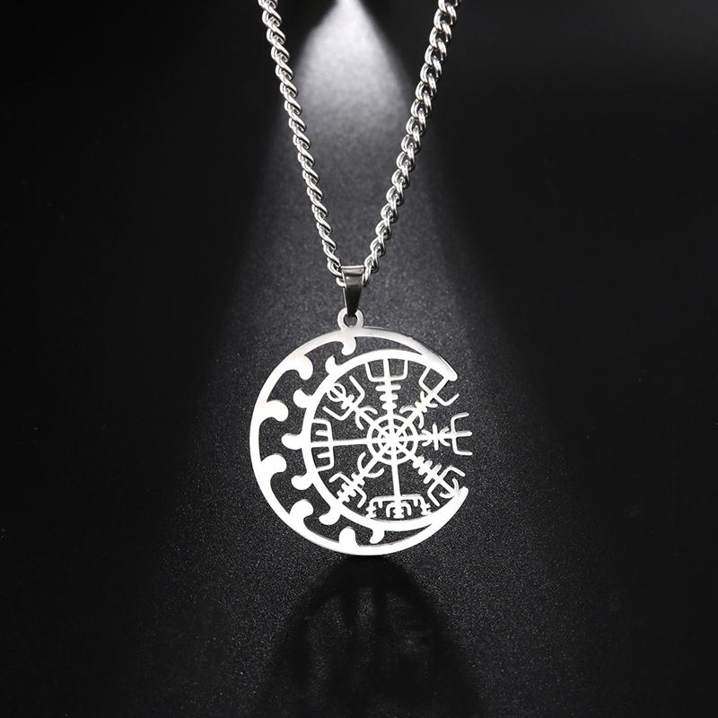 

Viking Nordic 24 Rune Compass Pendant Necklace Stainless Steel Triquetra Hollow Witch Knot Amulet Jewelry Gift for Men Women