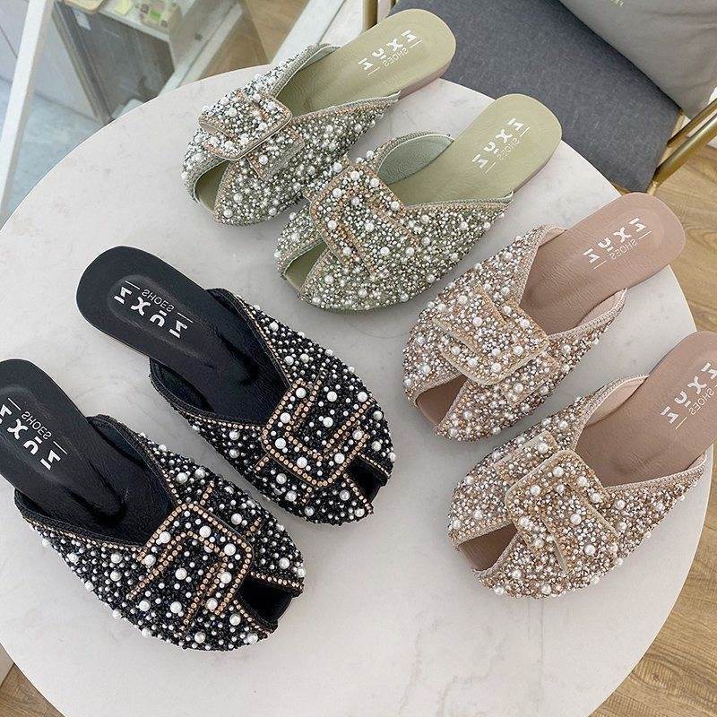 Cool Slippers Women Wear 2025 Summer New Versatile Flat Bottom Internet Celebrity Lazy Shoes Rhinestone Fashion Bag Head Half Slippers
