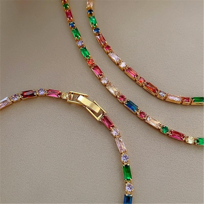 Vintage Stil Quadratische und Runde Bunte Edelsteine Halskette und Armband Modeaccessoire Schmuckset für Trendbewusste Frauen