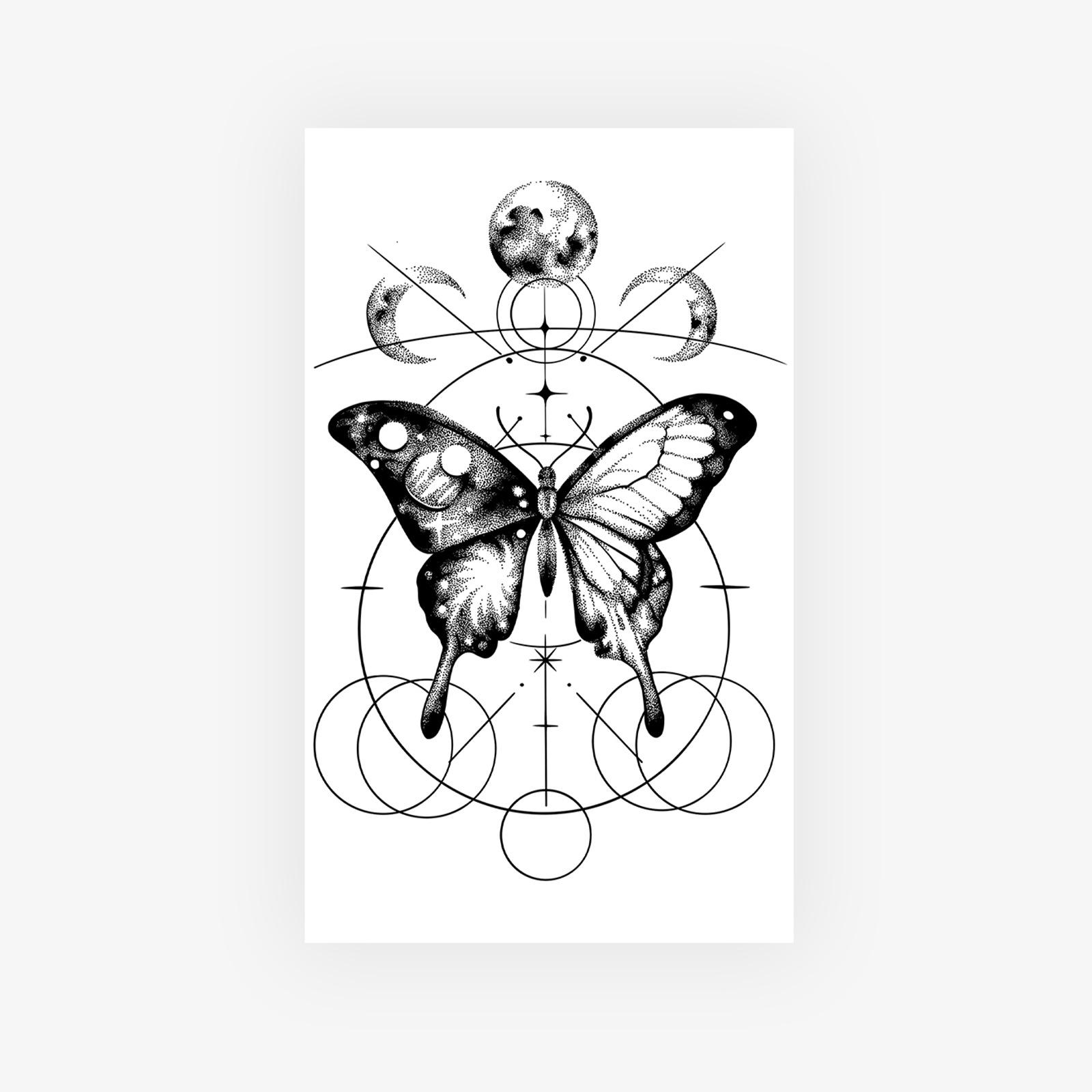 

Dark Astrology Butterfly Tattoo Sticker Moon Phase Astronomical Geometry Waterproof Long-Lasting Chest Clavicle Exquisite Pattern 11*18CM