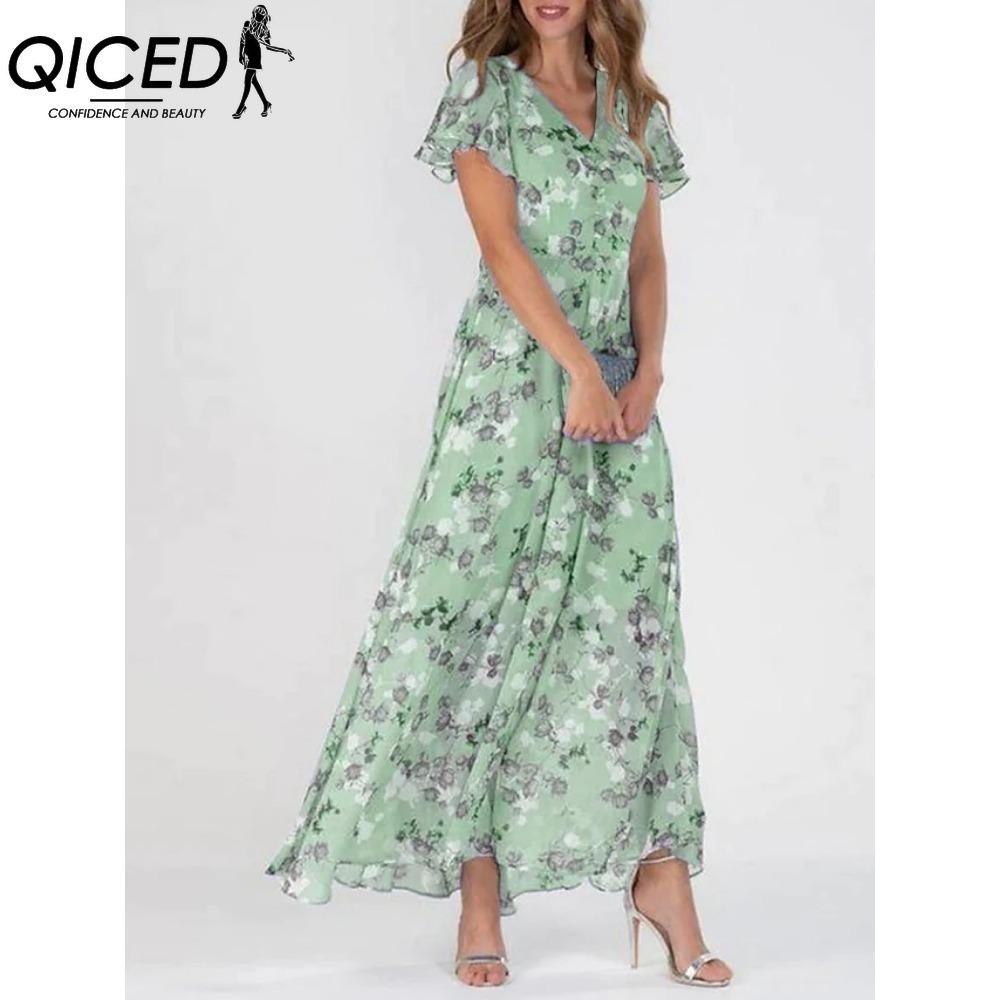 QICED 6 Color V-neck Ruffle Maxi Dress Short Sleeves Fitted Waist High Waist Flowy Hem Cute Floral Chiffon Dress Women Clothing