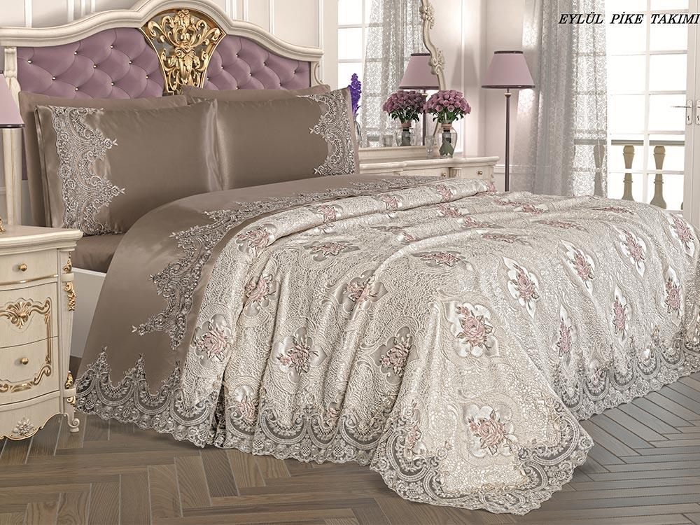 Eylul Wedding Set 6pcs, Bedspread 230x250, Sheet 200x230, Pillowcase 50x70, Laced, Embroidered, Cappucino
