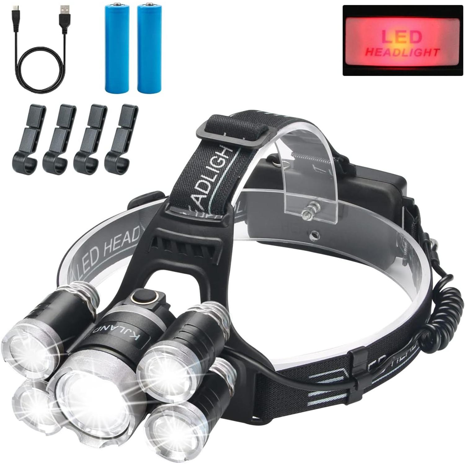 

5 светодиодных налобных фонарей, перезаряжаемый мощный налобный фонарь, 2000 люмен, ультра яркий водонепроницаемый масштабируемый уличный фонарь для кемпинга, головной фонарик, головной фонарь 1×Head lamp серебряный