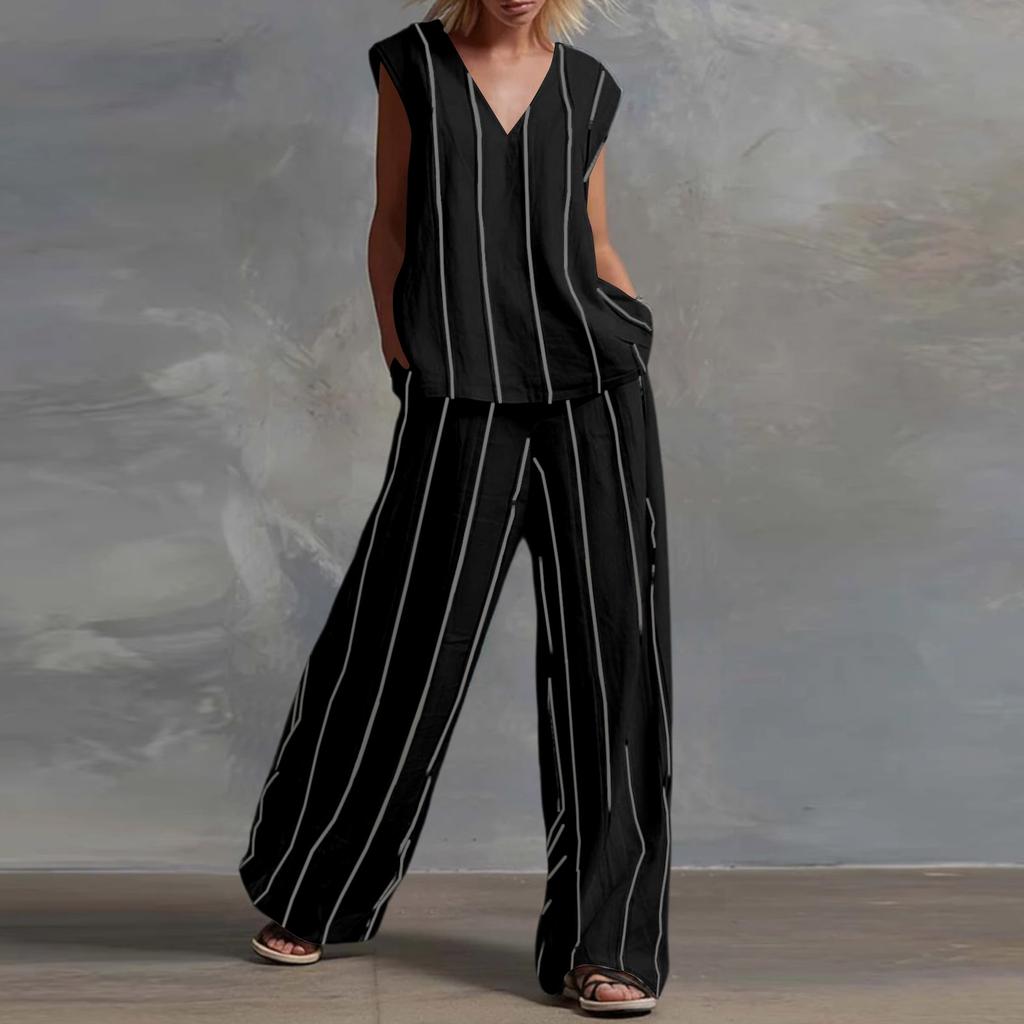 Conjunto Casual de Dos Piezas para Mujer con Top de Cuello en V sin Mangas y Pantalones de Pierna Ancha con Estampado de Rayas Ligero para Verano